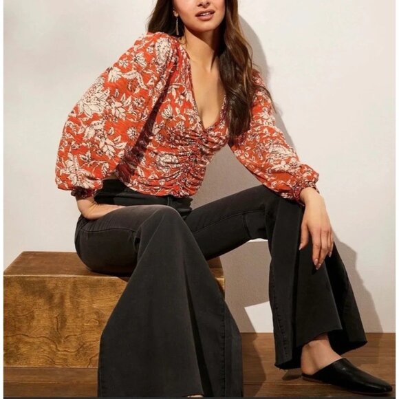 Free People Say the Word Top Sz L Red Floral Combo Peasant Sleeve Cotton Modal - Picture 9 of 9